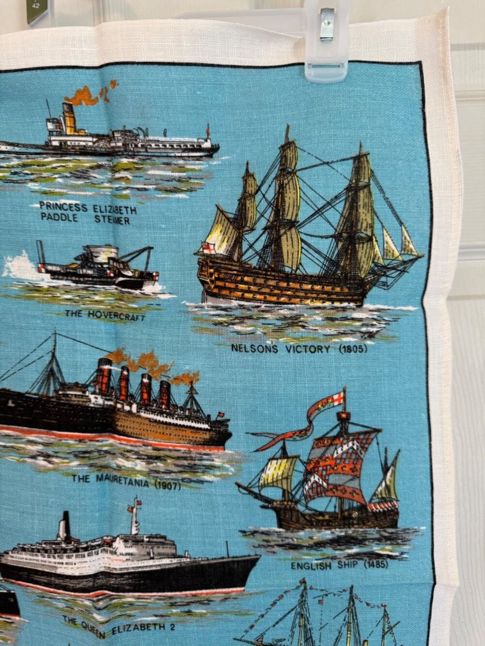Story Of Ships Vintage Linen Tea Towel Ulster Ireland 30x19 Blue Nautical Theme - Picture 11 of 14